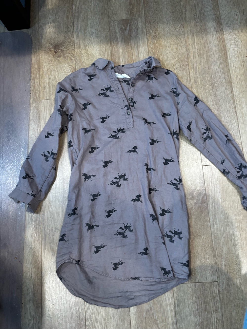 H&M Taupe Button-Neck Tunic with Black Horse Print